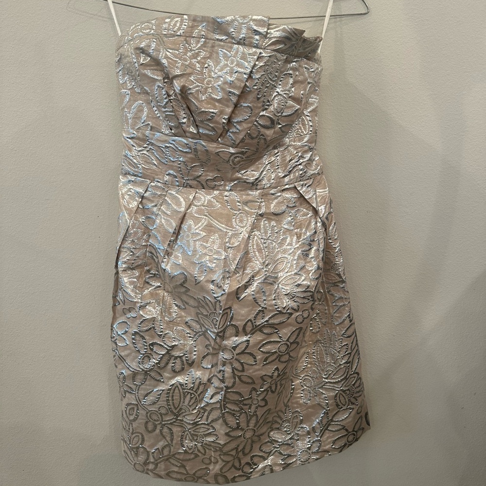 Strapless Metallic Silver Floral Brocade Cocktail Dress